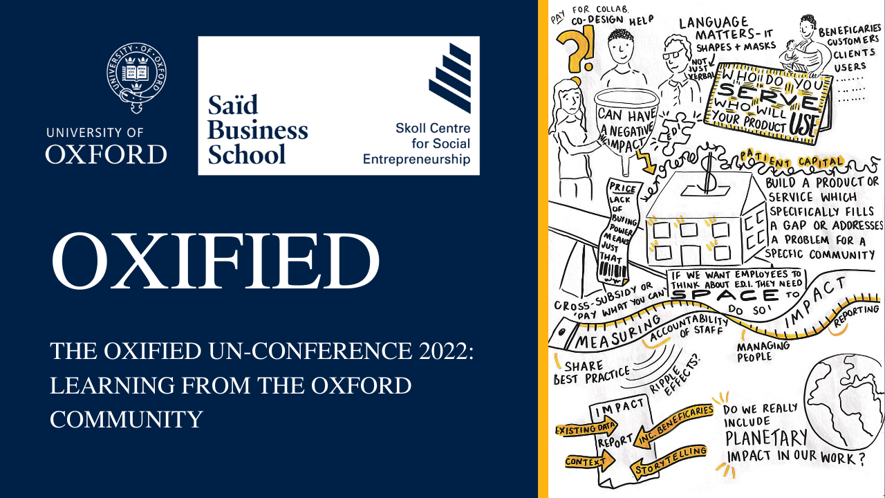 Text reads: The OXIFIED Un-conference 2022: Learning from the Oxford Community. Next to illustrations from the event.