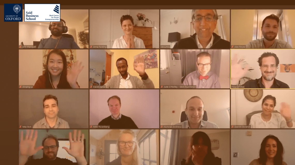 screen of 16 people waving on the virtual Skoll Venture Awards 2020