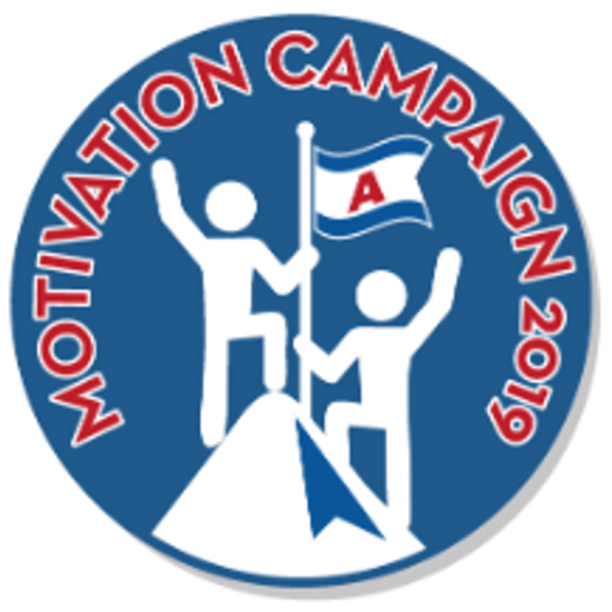 Motivation campaign badge with figures climbing a mountain