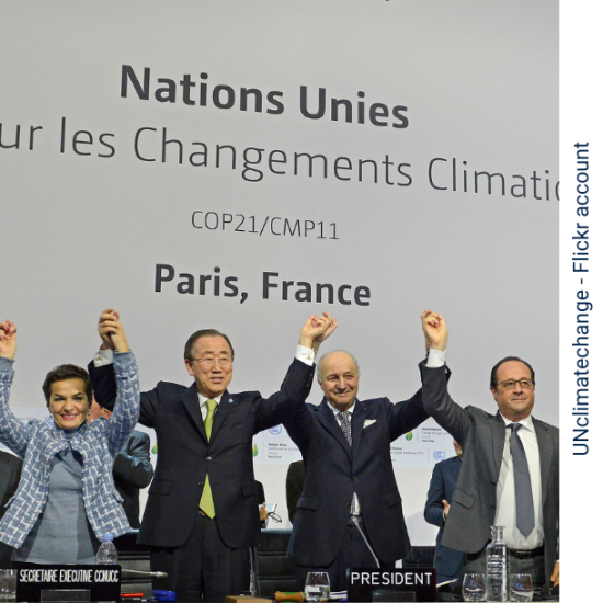 Delegates holding their hands together and aloft at COP21 in Paris