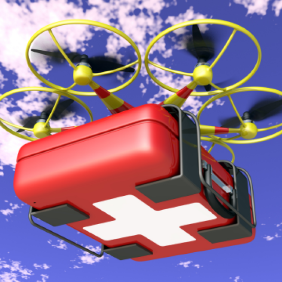 Flying drone delivering first aid