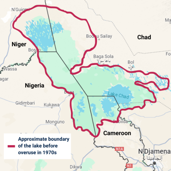 Map of Lake Chad, showing significant decrease in surface area since 1970s